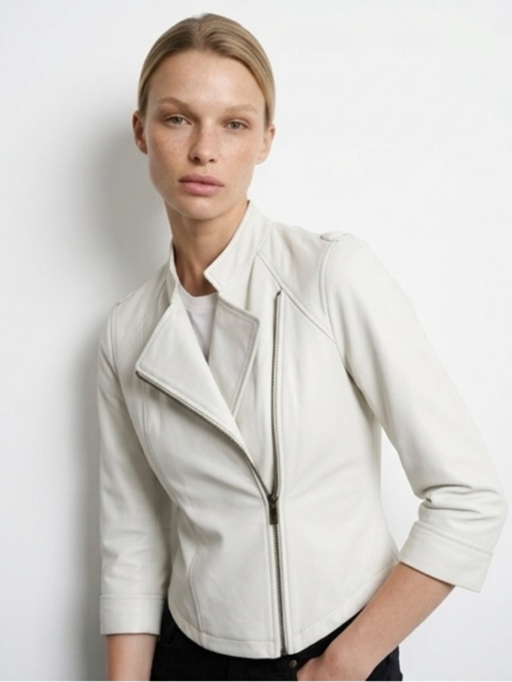 bebe Cream Cropped Leather Jacket - Picture 4 of 13